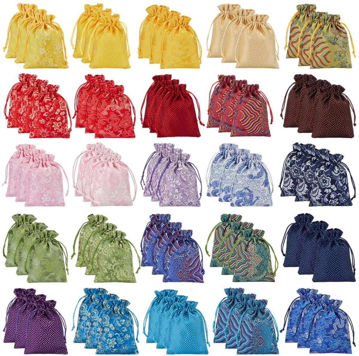 Omgoods - Set van 75 Chinese Zijde Sieraden Pouches in 25 Stijlen
