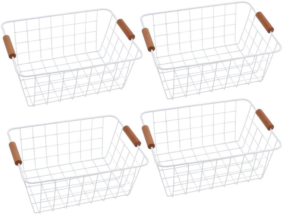 Omgoods - Stapelbare Witte Draadmanden met Houten Handgrepen - Set van 4 voor Keuken en Woonkamer
