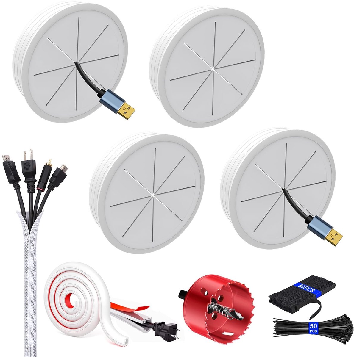 Omgoods - Kabeldoorvoer met gatenzaag en kabelbeheer set, wit
