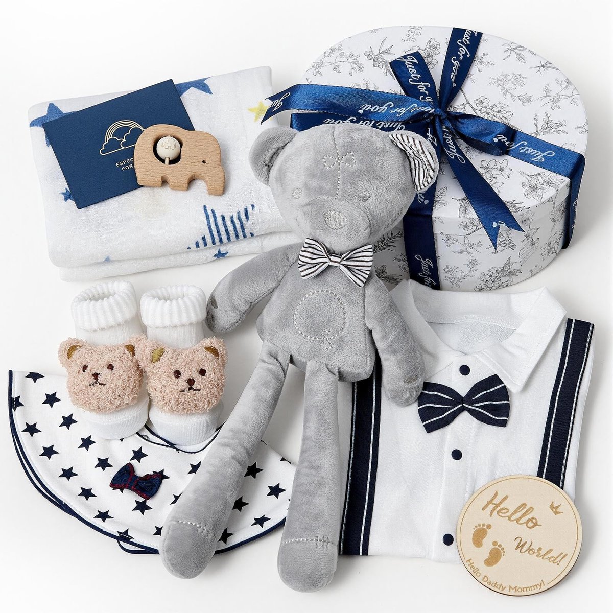 Omgoods - 8-Delige Babycadeauset voor Pasgeboren Jongens, Inclusief Romper en Knuffeldier