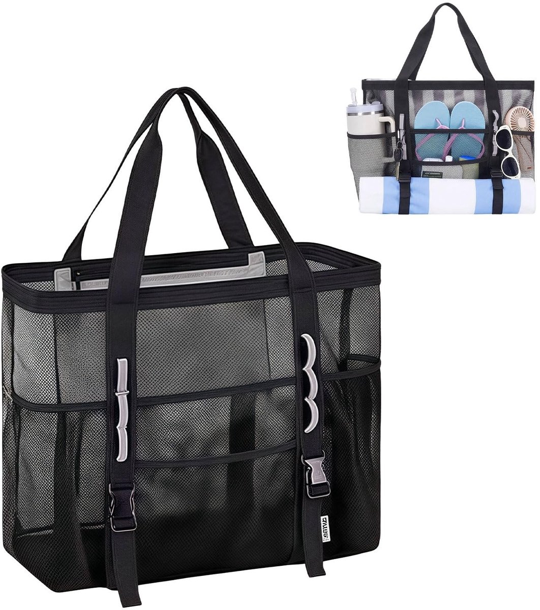 Omgoods - Grote Mesh Strandtas met Zijvakjes voor Dames, Ideaal voor Strand en Vakantie