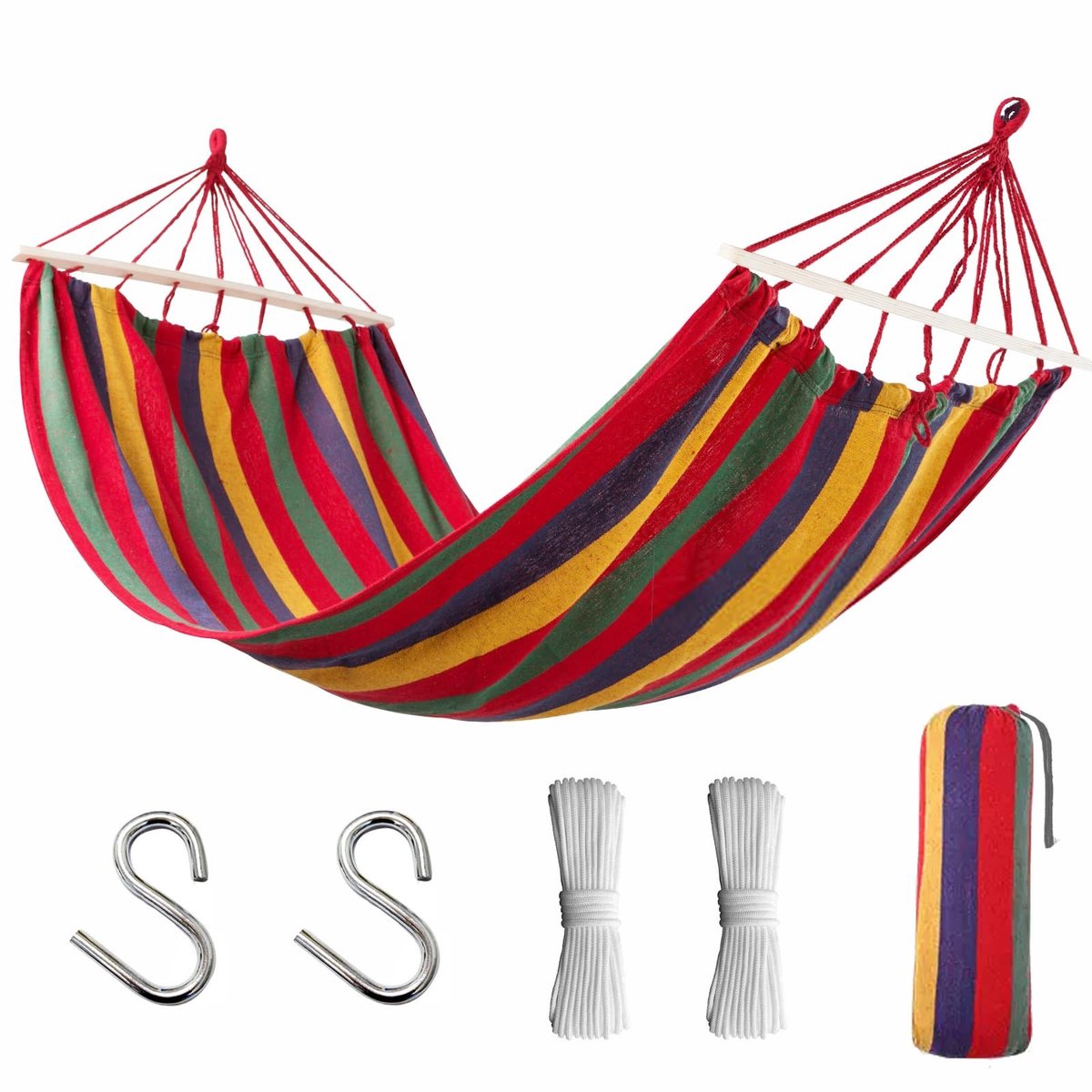 Omgoods - Hangmat voor 2 Personen - XXL 200x150cm met Houten Stang en Bevestigingsriemen