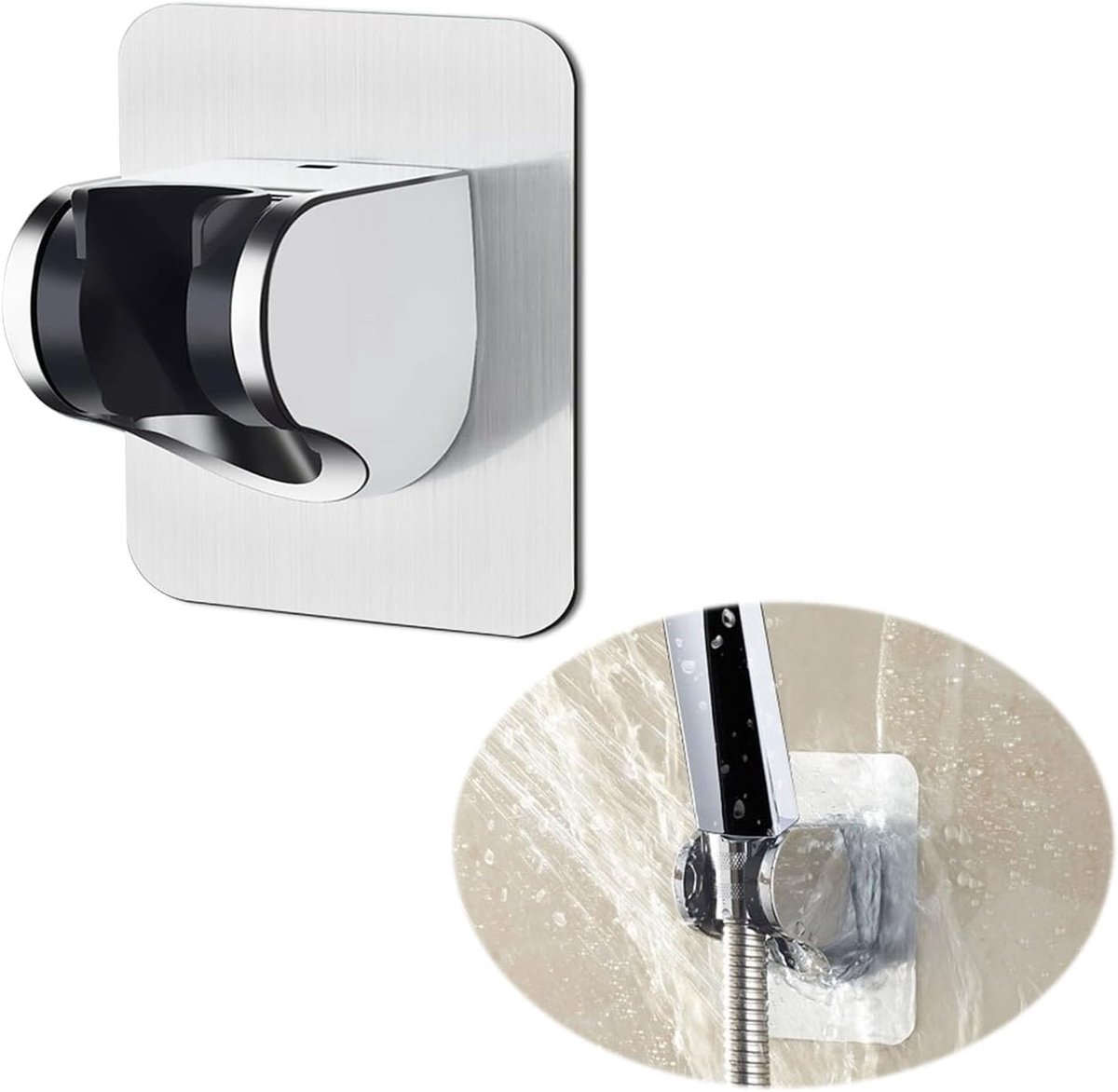 SnelShoppen - Handdouche Houder, Verstelbare Douchehouder 45°, Geen Boren, Voor Handdouche of Douchekop, ABS Plastic, Zilver, Waterdicht, Roestvrij, M