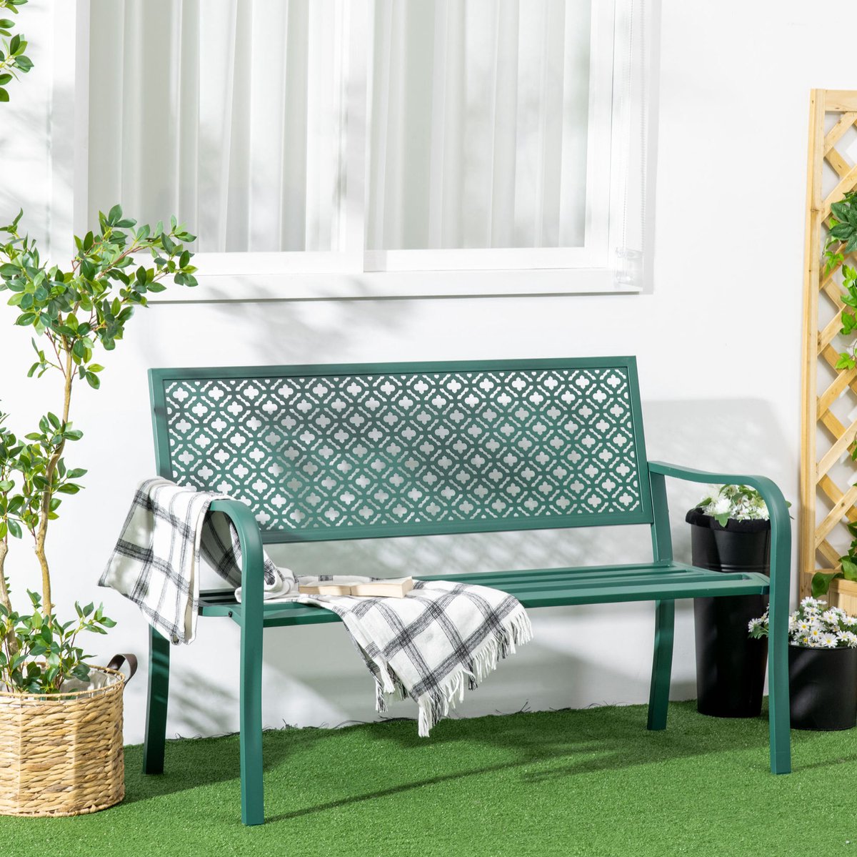 COVREO Tuinbank 127x63x83 cm donkergroen, staal met rugleuning
