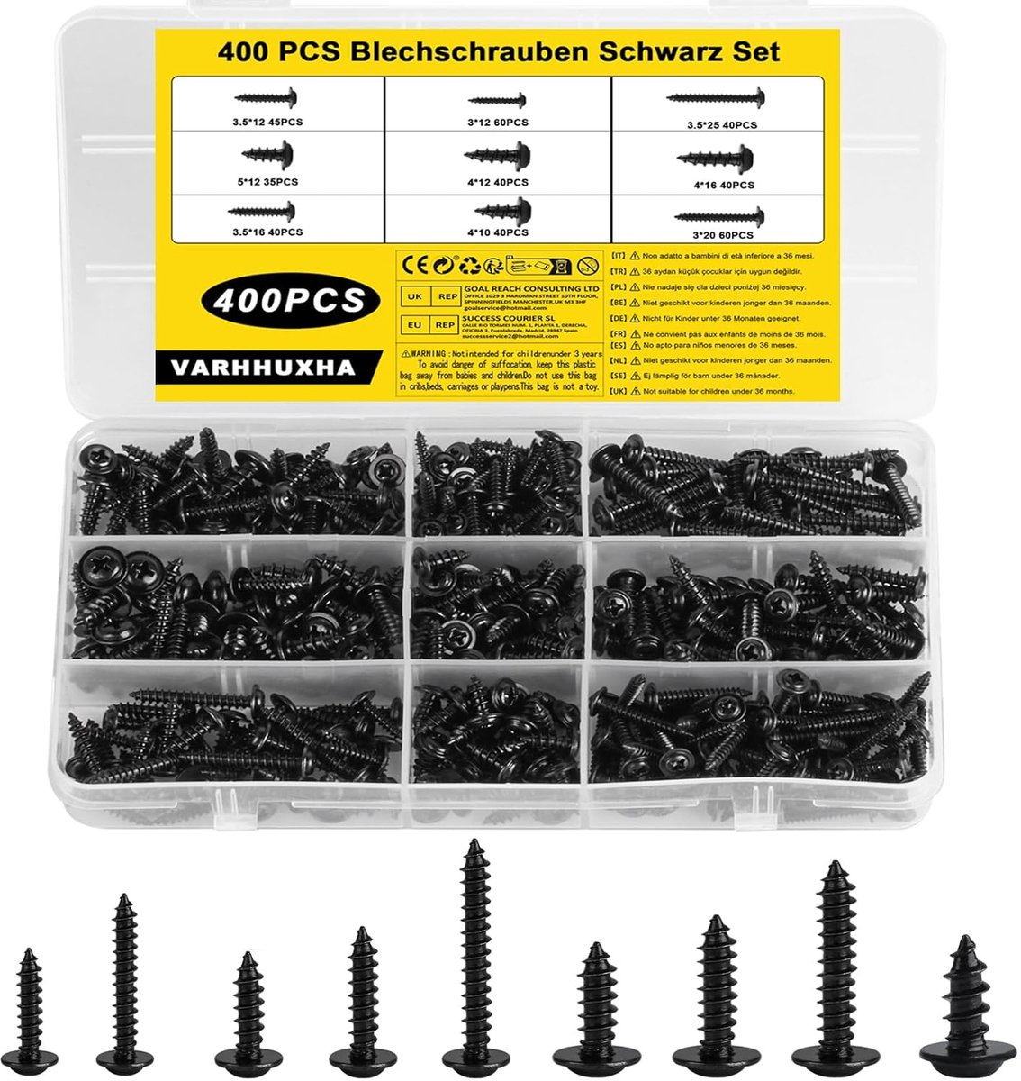 Sheet Steel Screws, 400pcs, M3-M5, Black, Lens & Flat Head - Ideal for furniture assembly, kitchen cabinets, decks - ShopVlot
