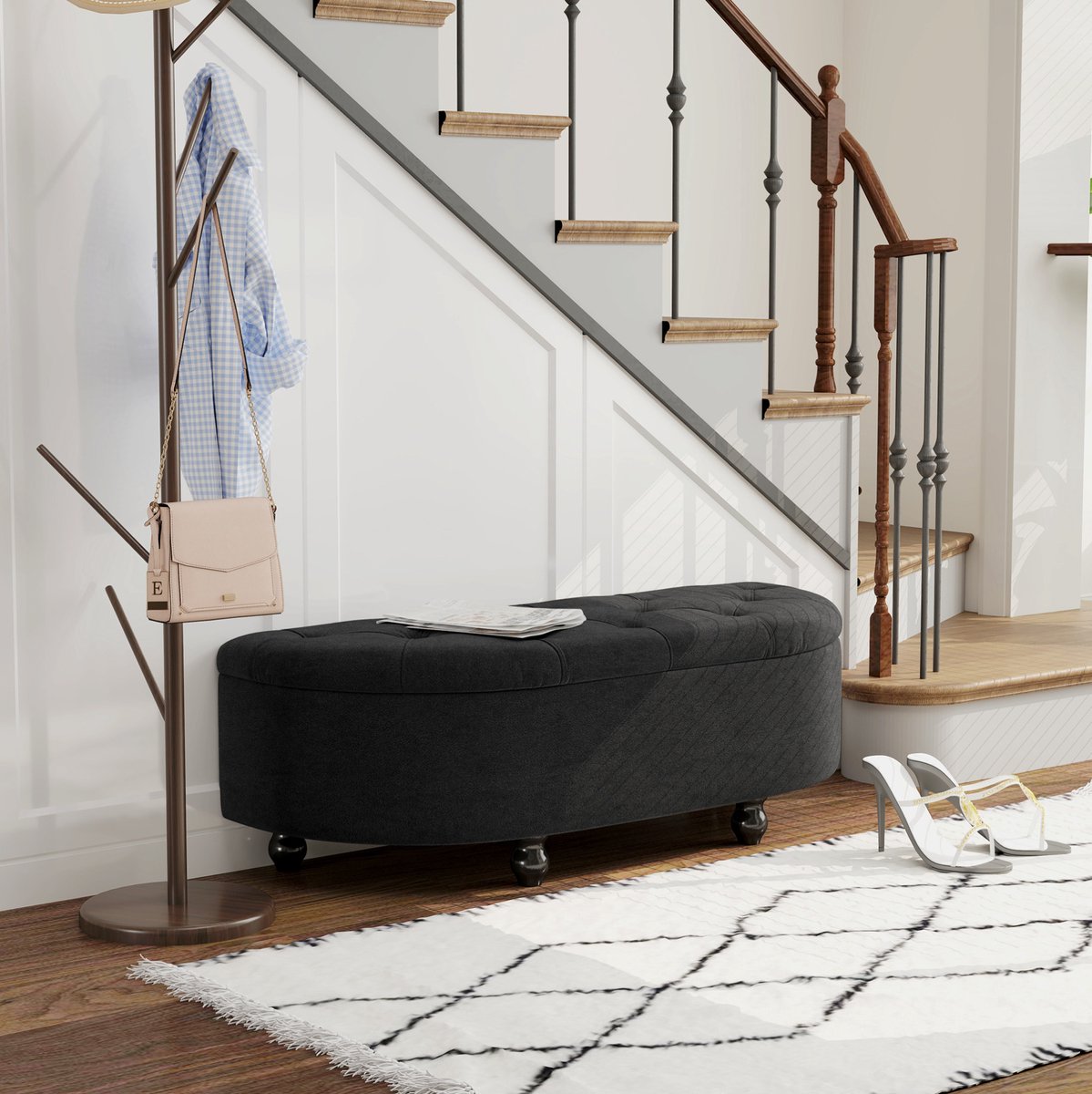 COVREO Hocker 120x46x42 cm, donkergrijs velvet met opbergruimte, houtpoten