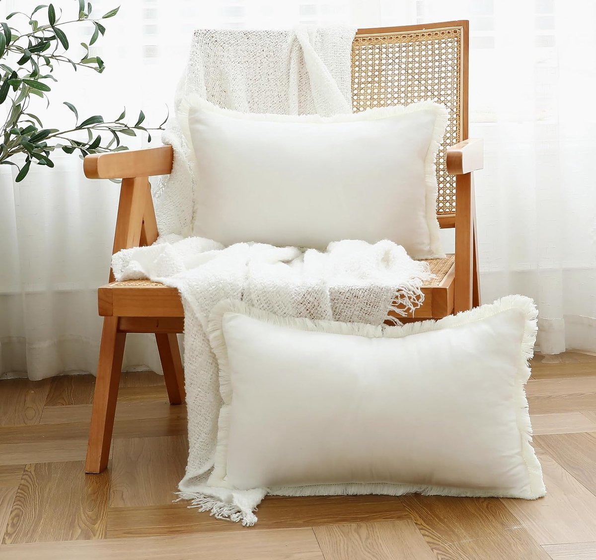 SnelShoppen - Set van 2 Witte Franje Kussenhoezen 30x50cm - Katoenen Boho Farmhouse Kussen Covers voor Sofa, Slaapkamer, Feestdecoratie