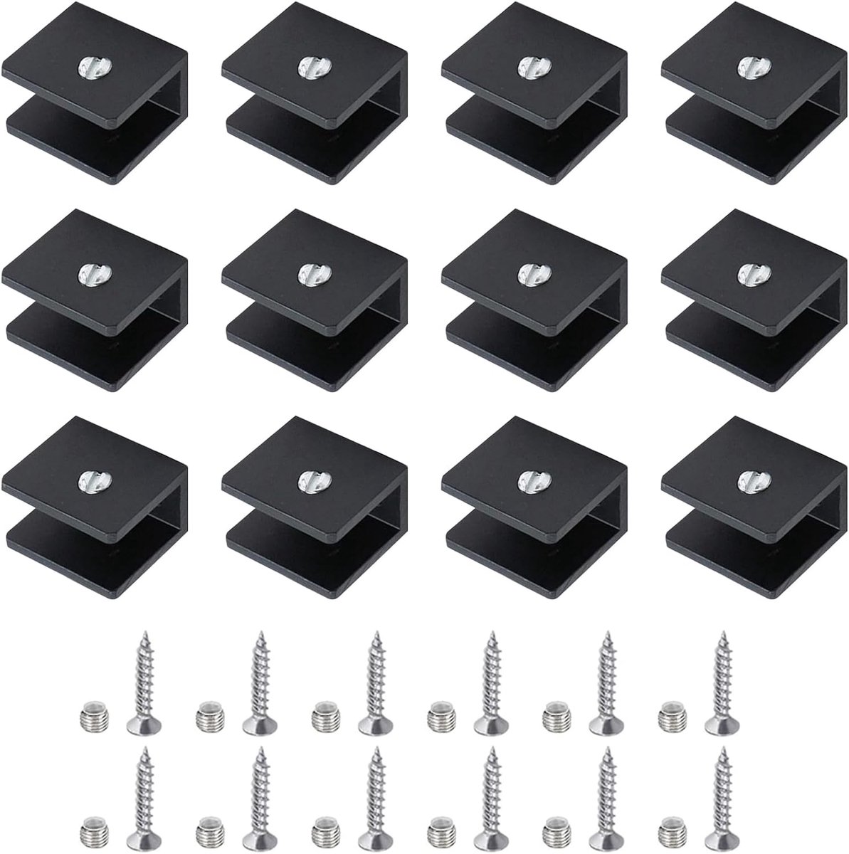 SnelShoppen - 12 Stuks Verstelbare Glasklemmen, Aluminium Legplank Steunen voor 6-8mm Dikke Glas, Robuuste Zwarte Klemmen voor Glazen en Houten Vloere