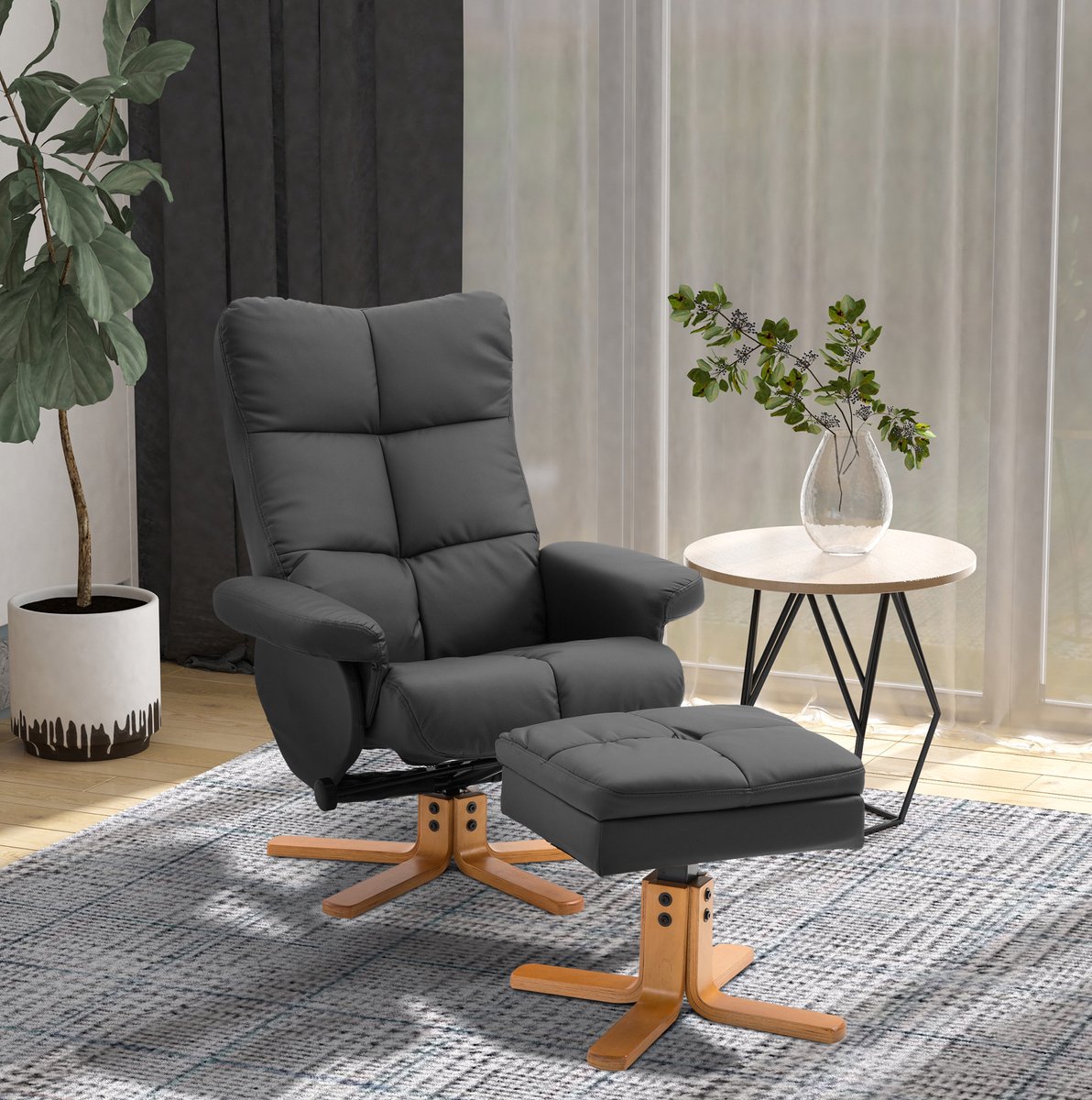 COVREO Relaxfauteuil met hocker 80 x 86 x 99 cm, zwart, kunstleer, draaibaar