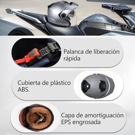 Grijze motorhelm op een motor, met details van de snelsluiting en ABS-coating.
