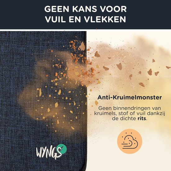 Donkerblauwe WYNGS beschermhoes met oranje kruimels die eraf vallen.