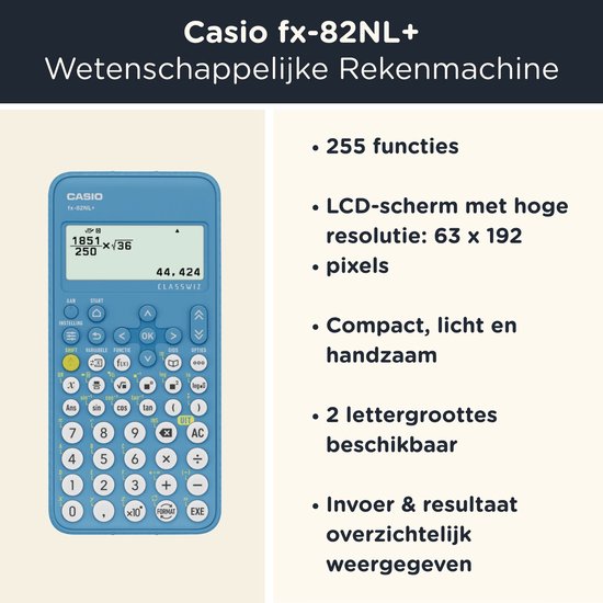 Blauwe Casio fx-82NL+ rekenmachine met een wit LCD-scherm.
