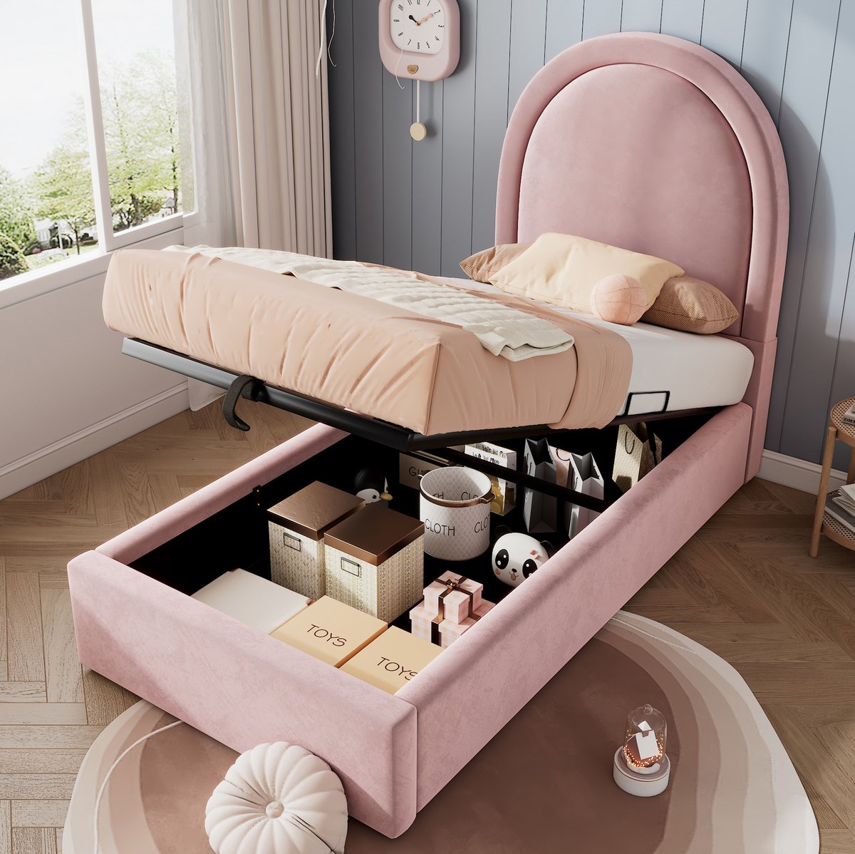 MEUNIQ kinderbed 90 x 200 cm met opbergruimte en lattenbodem, gestoffeerd bedframe met hydraulische opklapbare bedbodem voor kinderkamer, roze
