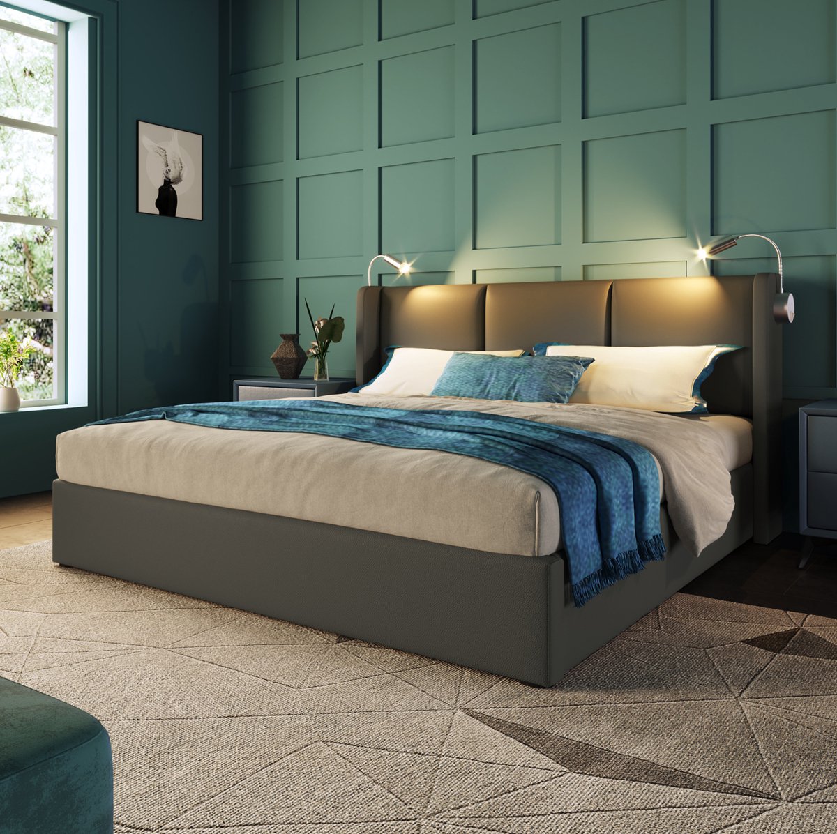 MEUNIQ gestoffeerd tweepersoons bed 160x200 cm met lattenbodem, opbergruimte, leeslamp en 