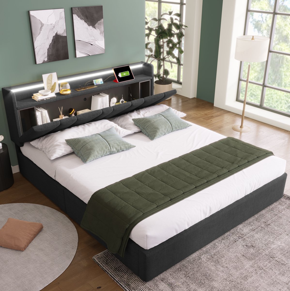MEUNIQ tweepersoons bedframe 160x200 cm met opbergkopbord, USB, Type-C en LED-verlichting, grijs stoffen bed met houten lattenbodem voor slaapkamer