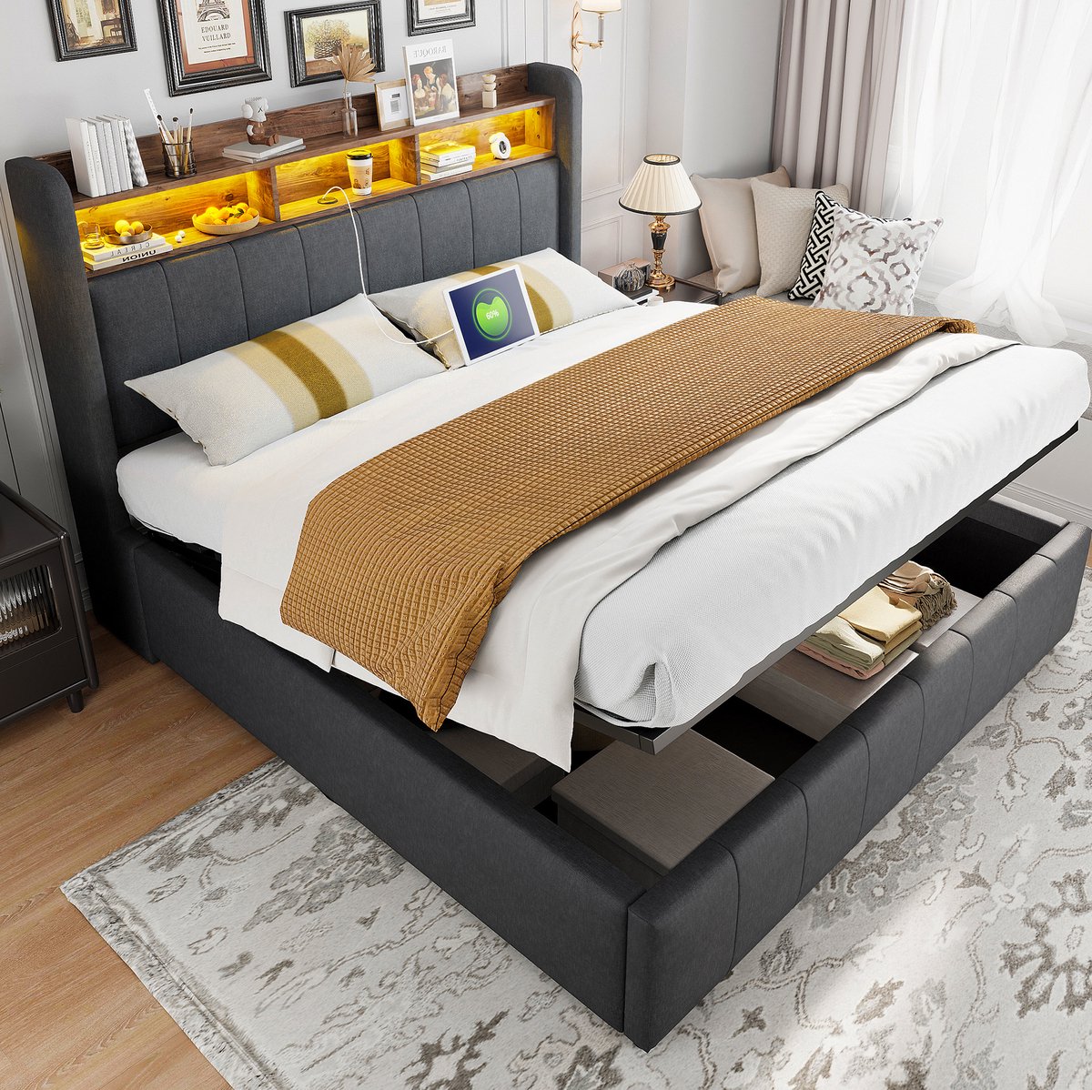 MEUNIQ gestoffeerd bed 160x200 cm met LED-verlichting, USB- en Type-C-aansluitingen, hoofdbord met opbergruimte en hydraulische bergruimte, grijs