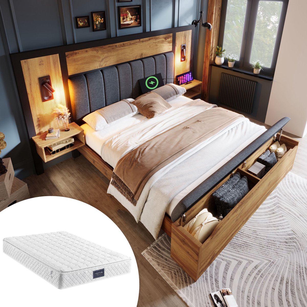 MEUNIQ tweepersoons bed 160x200 met nachtkastjes, leeslampen, USB-C en opbergbank, bedfram