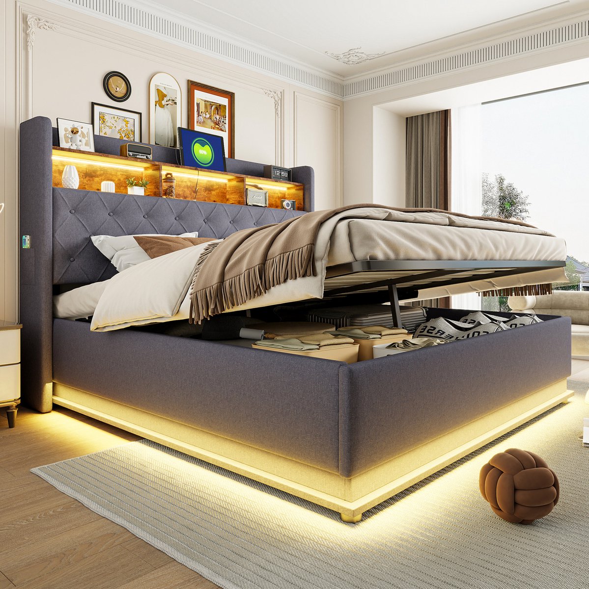 MEUNIQ gestoffeerd bed 180 x 200 cm met LED-verlichting, USB-aansluiting, hydraulische opbergruimte en hoofdbordopberging voor slaapkamer - Grijs