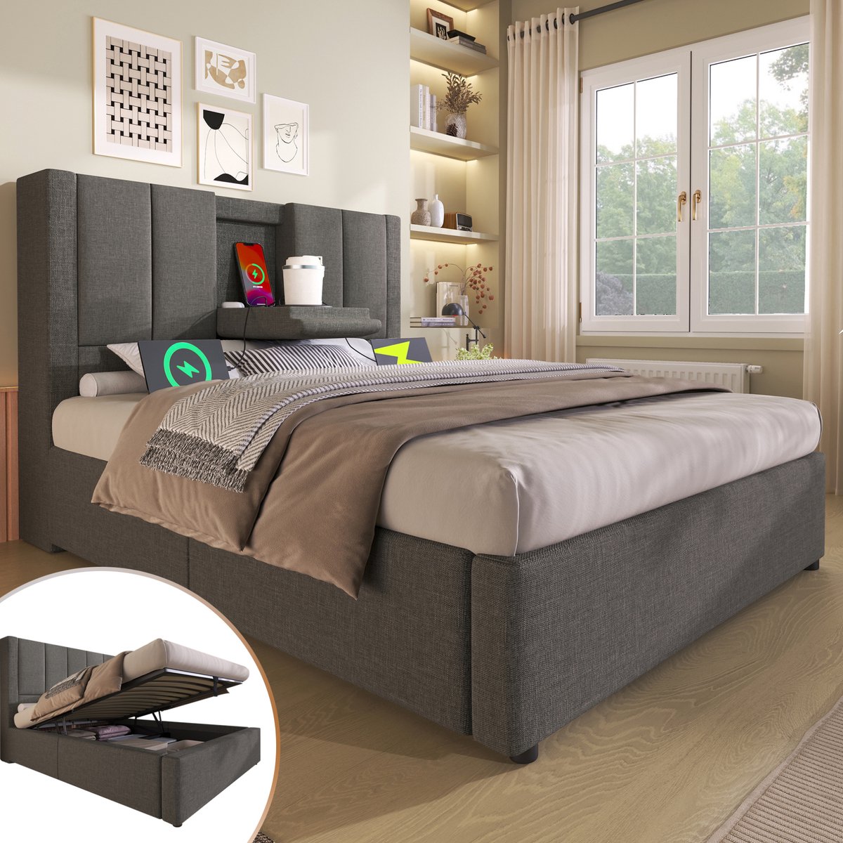 MEUNIQ gestoffeerd eenpersoonsbed 90x200 cm met matras, lattenbodem, opbergruimte onder bed, verborgen bekerhouder en USB/Type-C laadstation, grijs