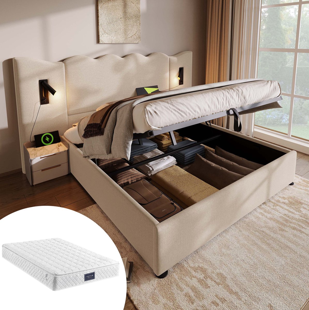 MEUNIQ gestoffeerd tweepersoons bed 160x200 met opbergruimte, leeslamp en USB/Type-C, bedf