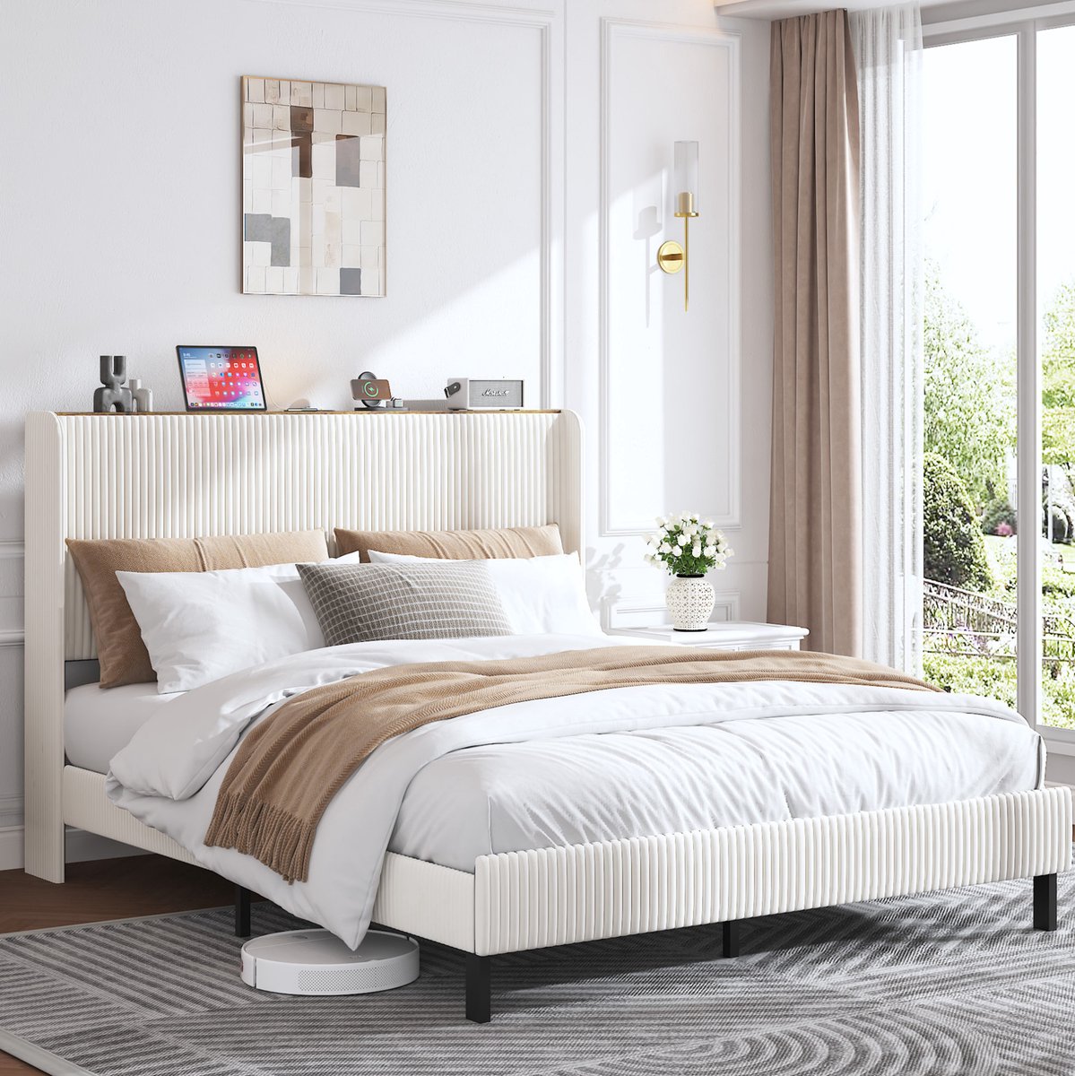 MEUNIQ gestoffeerd platformbed 160x200 cm met corduroy hoofdbord, vleugelrand en metalen lattenbodem, tweepersoons bedframe voor slaapkamer, beige en crème