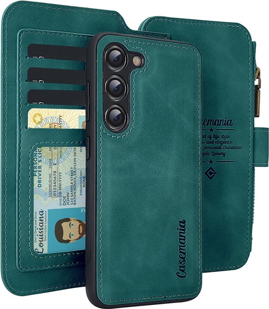 Groen kunstleren portemonnee hoesje voor telefoon met 11 pasjesvakken, rits en Casemania logo.