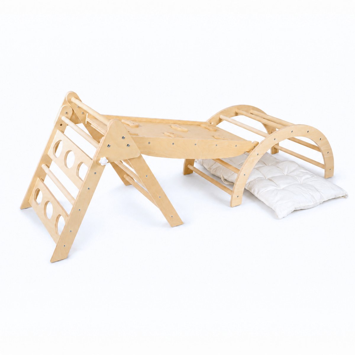 Dastium Kids - Mini Klimrek - Montessori Speelgoed - Houten Klimrek - Klimboog met Kussen - Klimrek Baby - Klimrek Peuter - Klimrek met Glijbaan - Naturel