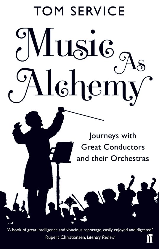 Boekomslag van 'Music As Alchemy' met de titel in sierlijke letters en een silhouet van een dirigent en orkest.