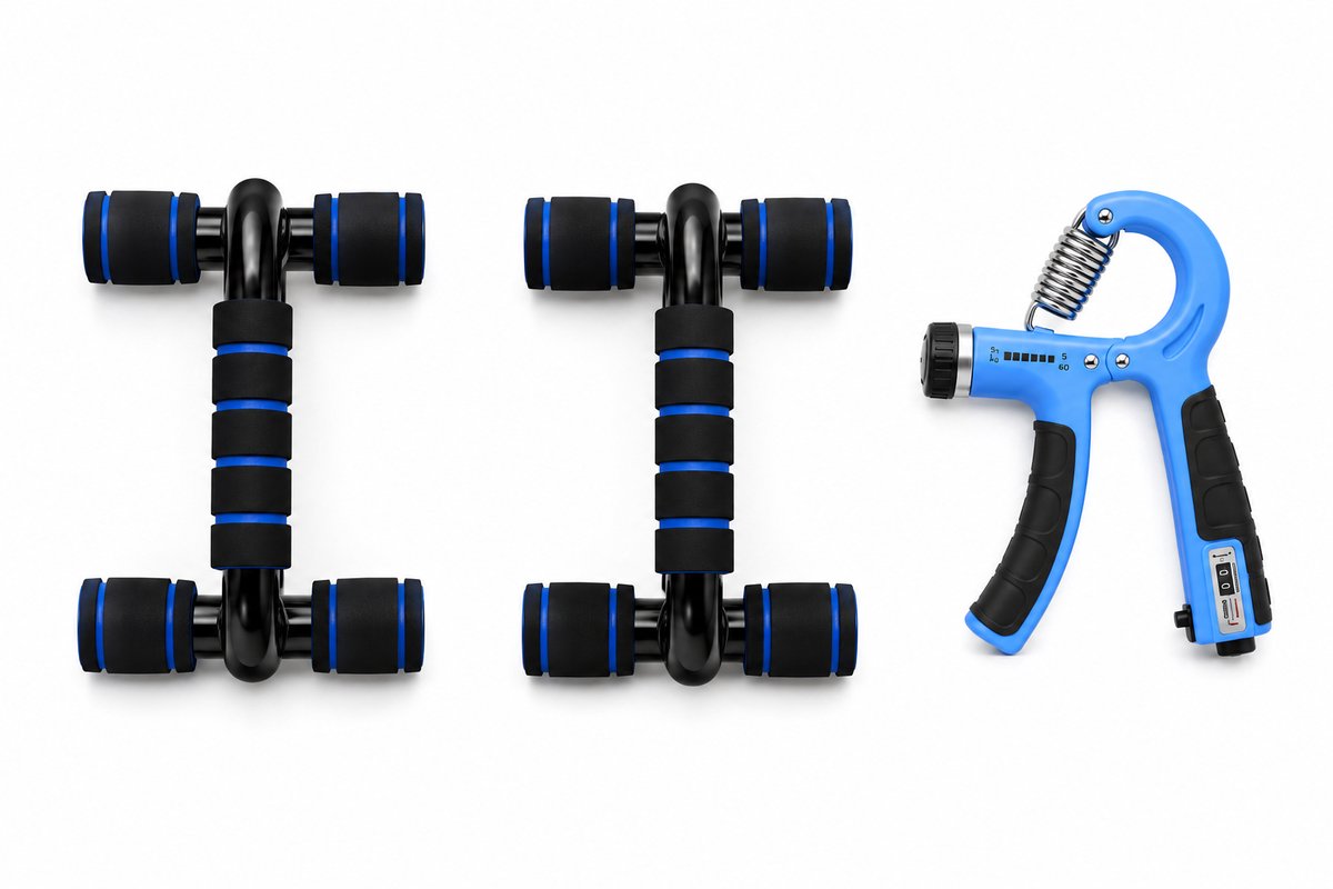 DPLUNIQ Parallettes - Handknijper - Handtrainer - Handvatten - 2 in 1 Trainingsset - Ergonomisch - 21,5x13,5cm/16,5x16,5cm - Blauw