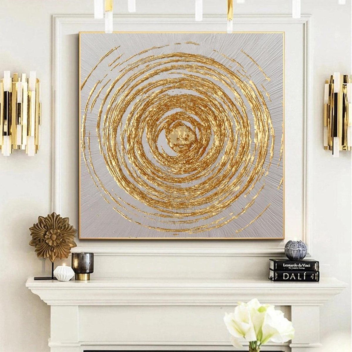 Olieverfschilderij Gouden Cirkel - Abstracte Muurschildering - Woonkamer Decoratie - Handgemaakt Canvas - 80x80cm - Goud