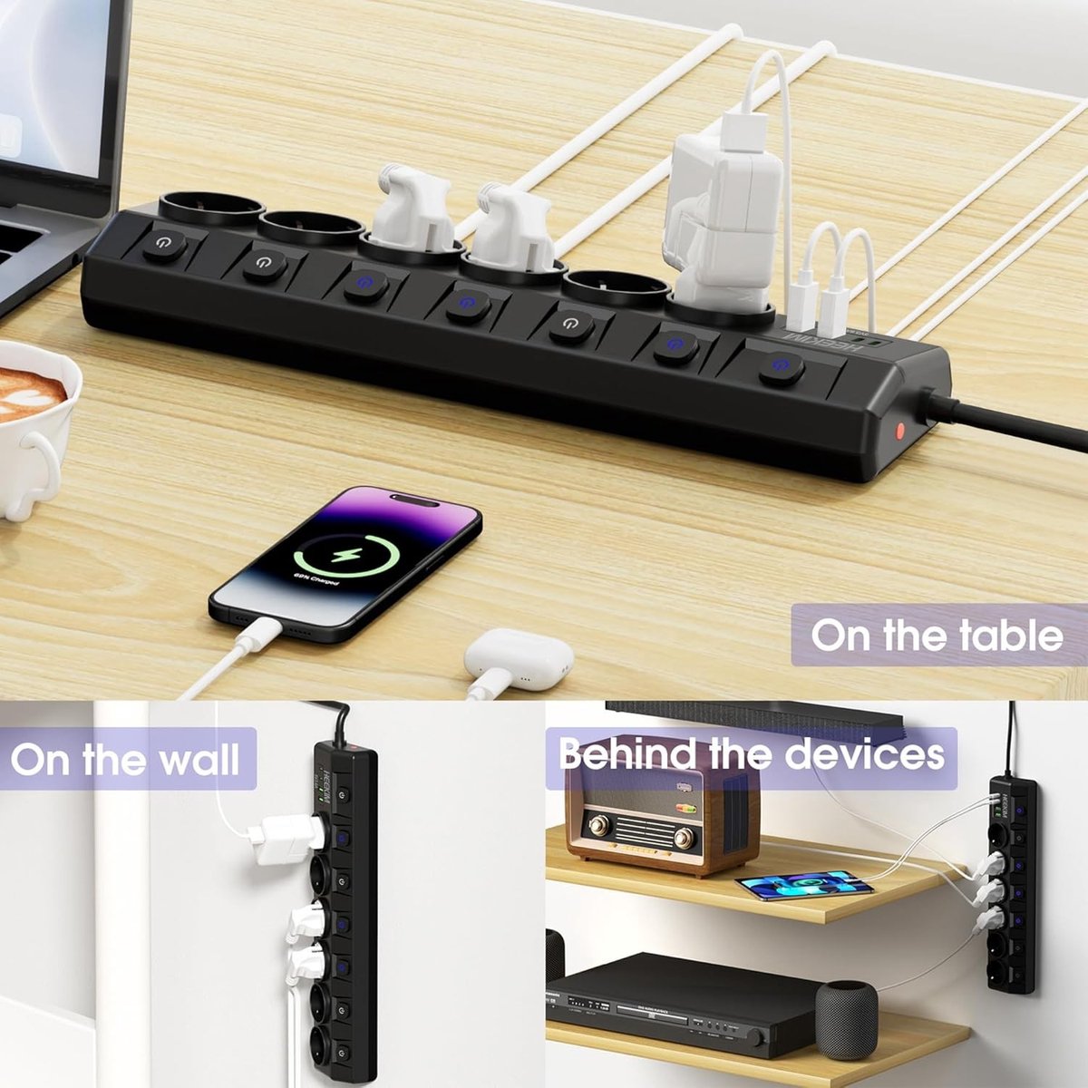Meervoudige Stekkerdoos - Zwart - 6 Stopcontacten - 4 USB-poorten - Voor Thuis en Kantoor