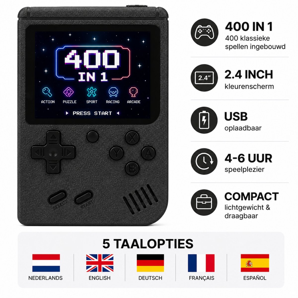 FivesquareNL Retro Handheld Game Console – 400 Spellen – USB Oplaadbaar – 2.4 Inch Kleurenscherm – Draagbare Spelcomputer voor Kinderen & Volwassenen – Zwart