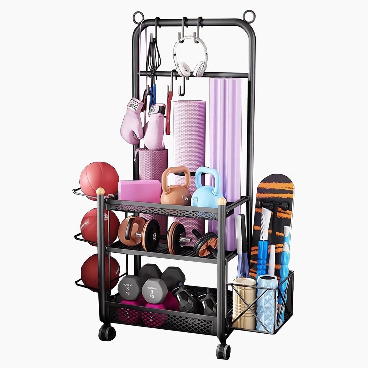 Fitness Opbergrek - Halterkar Trolley - Sportschool Organiseren - Met Haken Wielen - 57x36x145 cm - Zwart