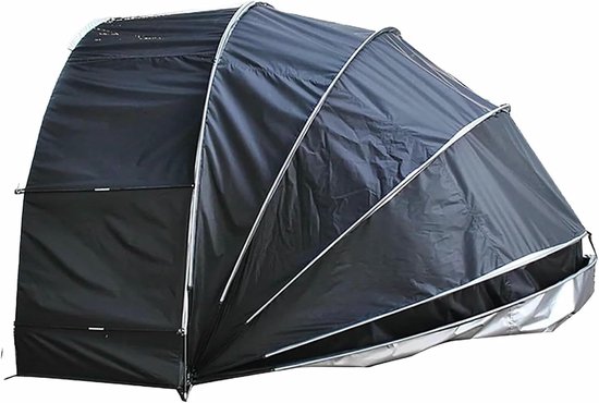 Zwarte opvouwbare schuur-tent voor fietsen of motoren met een zilverkleurige binnenzijde en metalen frame.