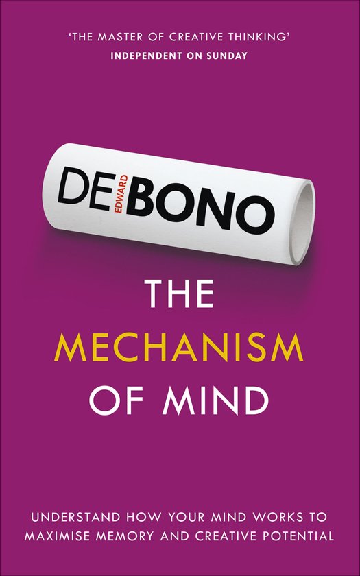 Boekomslag van 'Edward de Bono. The Mechanism of Mind'. Paarse achtergrond met een witte cilinder erop met 'DEBONO' erop.