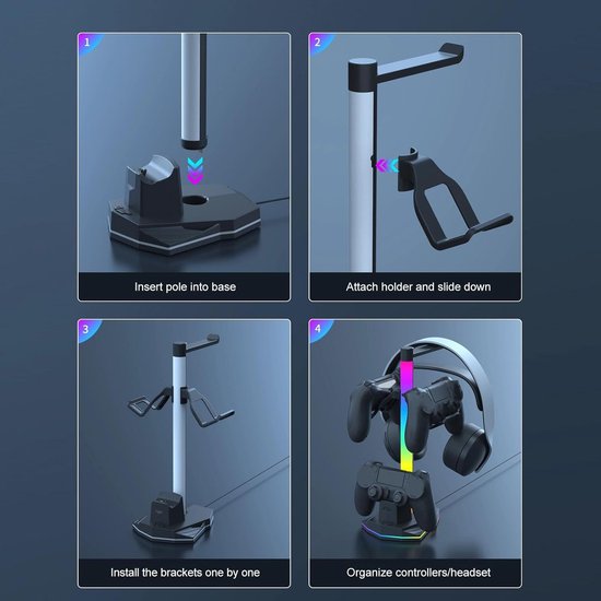 Controller Standaard - Oplaaddock Koptelefoon - Bureau Organisatie - Geïntegreerde RGB-verlichting - 2 Controllers 1 Koptelefoon - Zwart — afbeelding 4