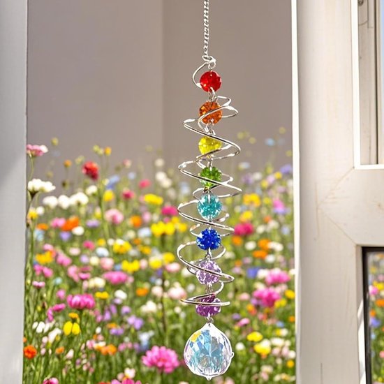 Grote Kristallen Zonnevanger 45 cm met Dubbele Spiraal en Chakra Kralen - Decoratief Windspel voor Binnen en Buiten van Merkloos — afbeelding 3