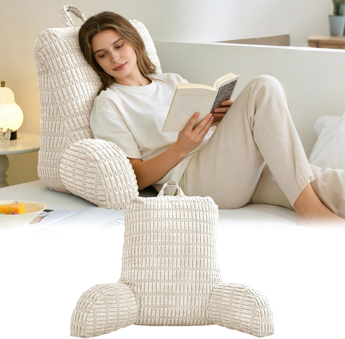 Leeskussen Sofa Bed - Rugsteun Zitkussen - Ontspannen Lezen TV - Met Zijarmleuningen - 1.8 kg - Wit