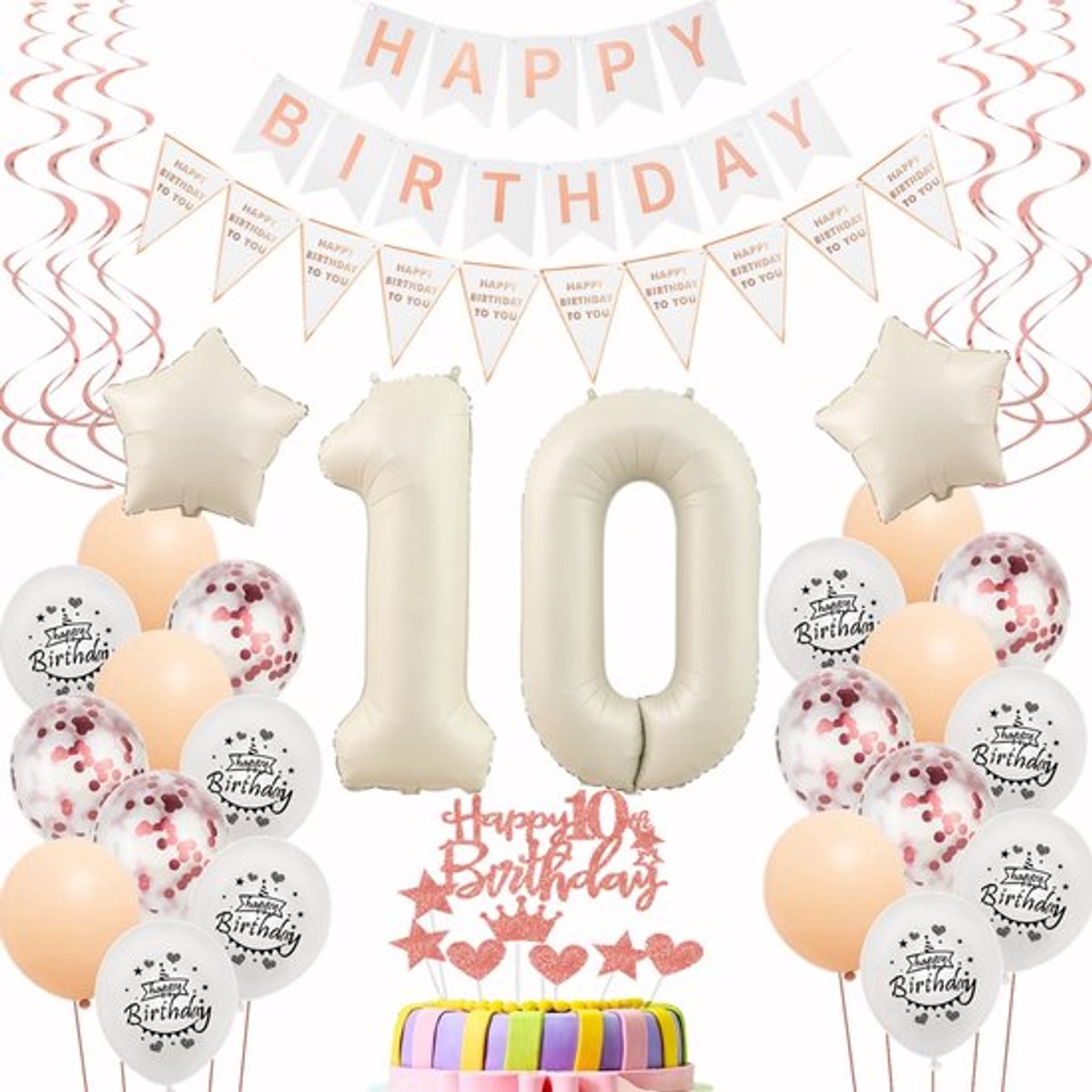 Aladdien - Ballonnen 10e Verjaardag Meisje - Feestdecoratie - Beige en Roségoud