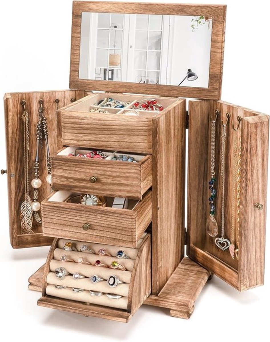 Grote Houten Sieradenbox met Spiegel voor Ringen, Oorbellen, Armbanden en Kettingen in Retro Bruin