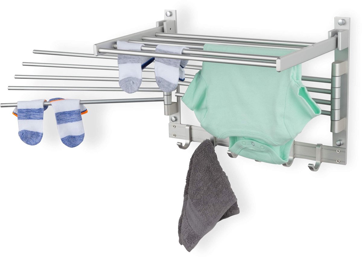SnelShoppen - Wandmontage Waskleding Droogrek 17" Metalen Organizer met Haken & Swing Arms - Ruimtebesparend Zilver - Ideaal voor Wasruimte en Thuisge
