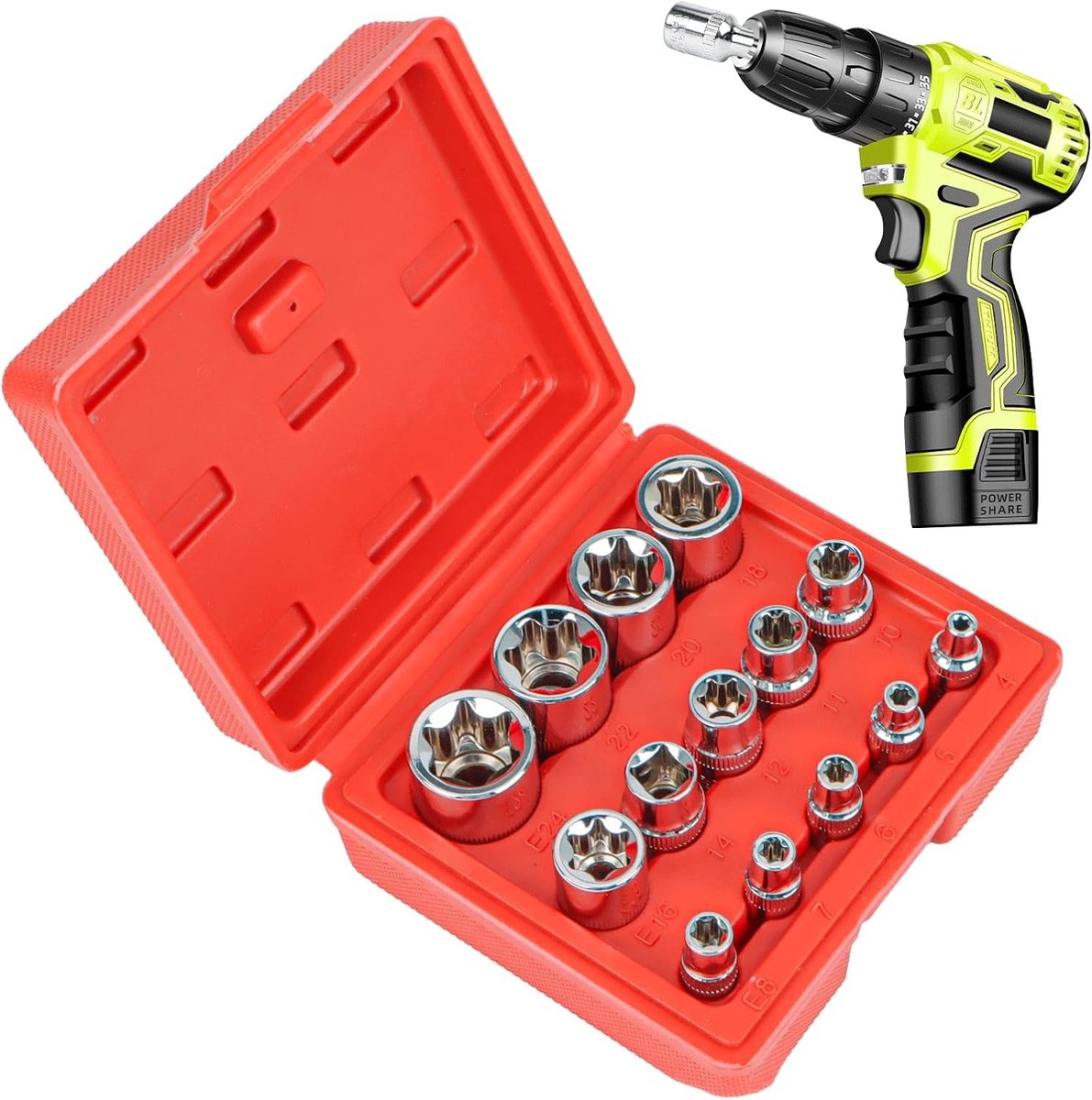Complete 14-delige Torx Steeksleutel Set voor Buiten, Inclusief 1/4", 3/8" en 1/2" Maten, Geschikt voor E4-E24 Torx Inzetstukken en Onderhoud van Voertuigen