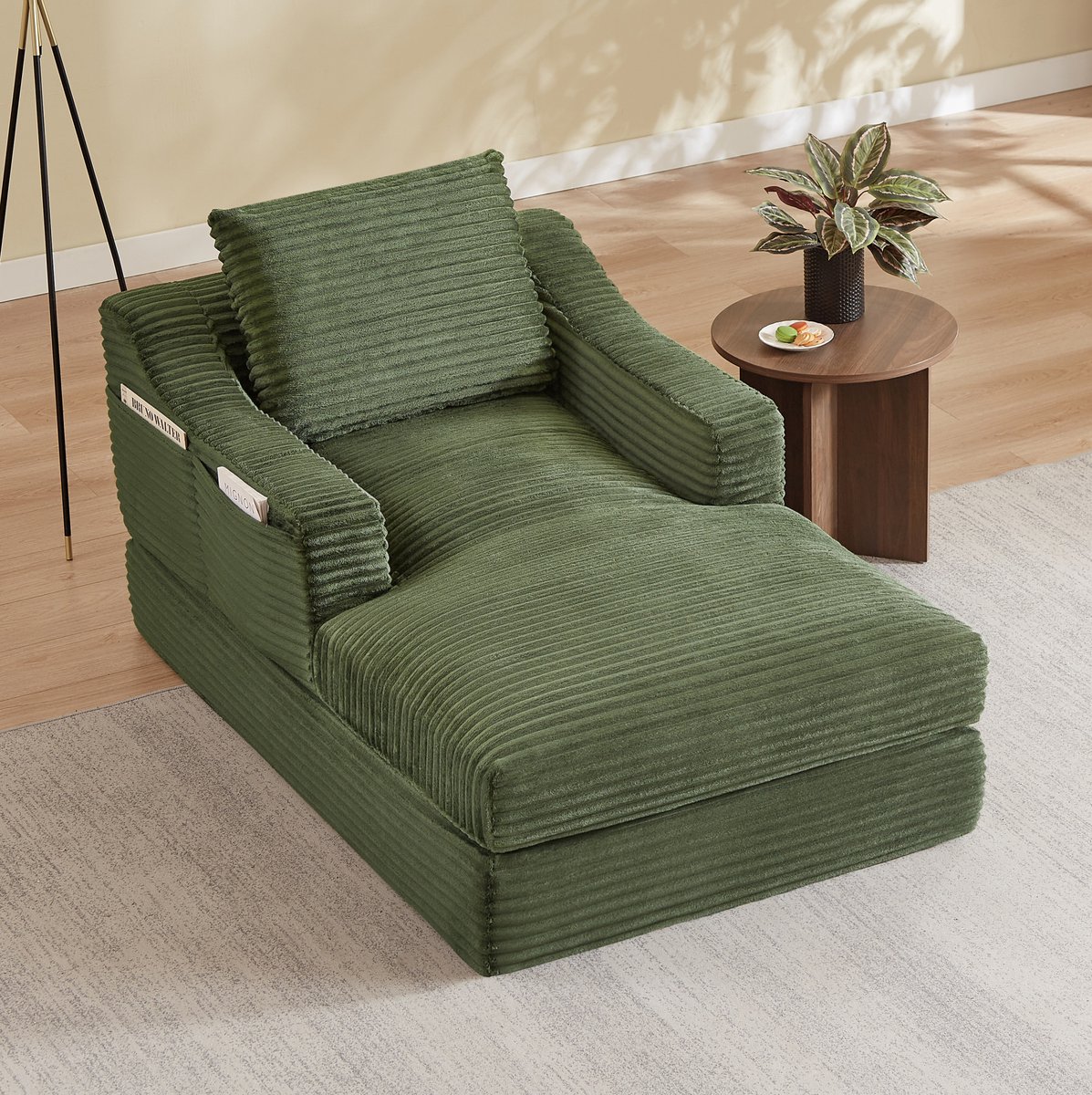 REDOM - Bank - 1-zits slaapbank met uitklapfunctie - Dubbele laag constructie - Corduroy bekleding - Modern minimalistische stijl - Woonkamer en slaapkamer - Stof - Groen - 100 x 162 x 68 cm