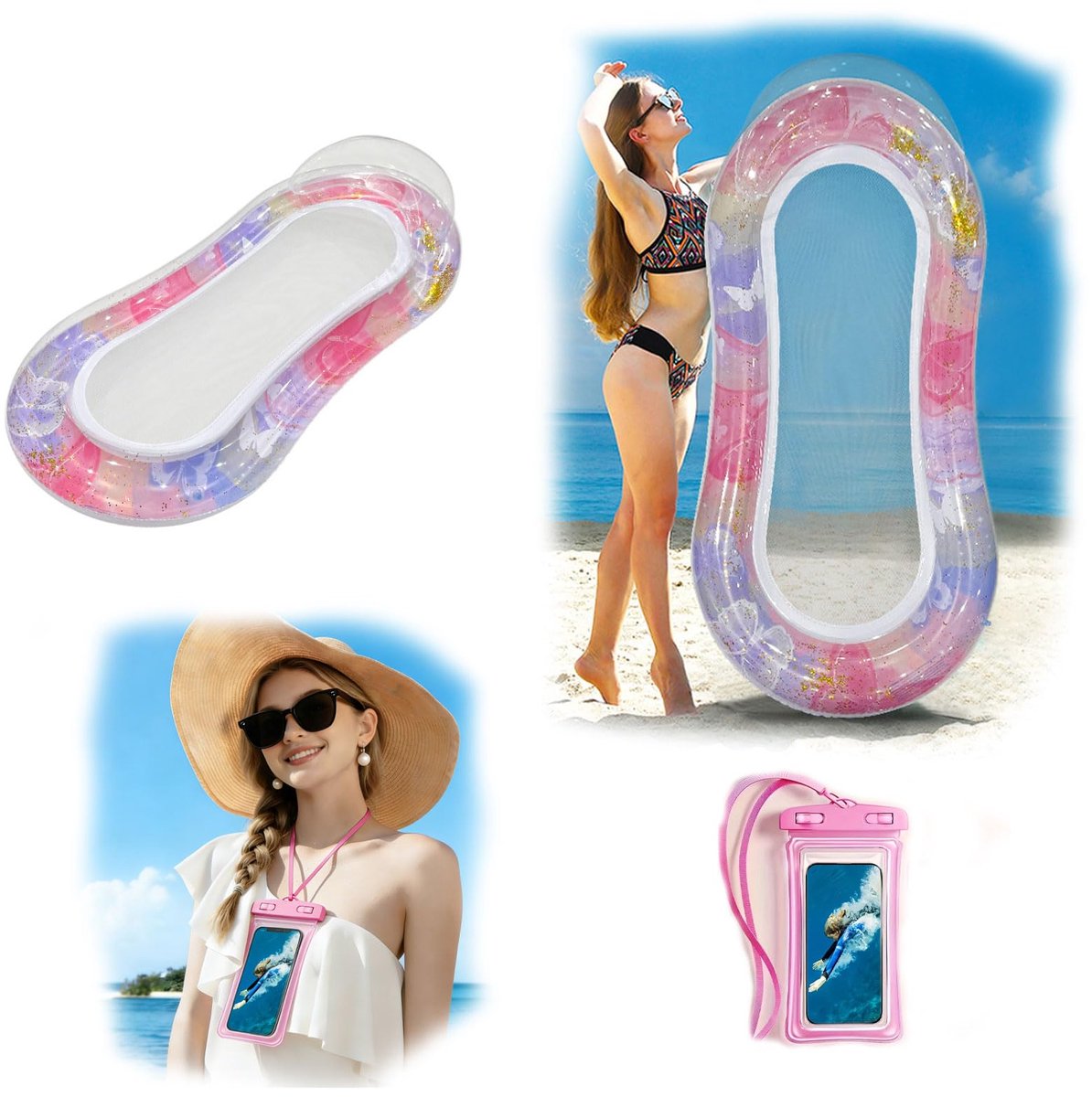 SnelShoppen - Opblaasbare Zwembadligstoel met Waterdicht Telefoonzakje, Drijvers voor Zwembaden, Hoofdsteun, Perfect om te Zonnebaden en Ontspannen in