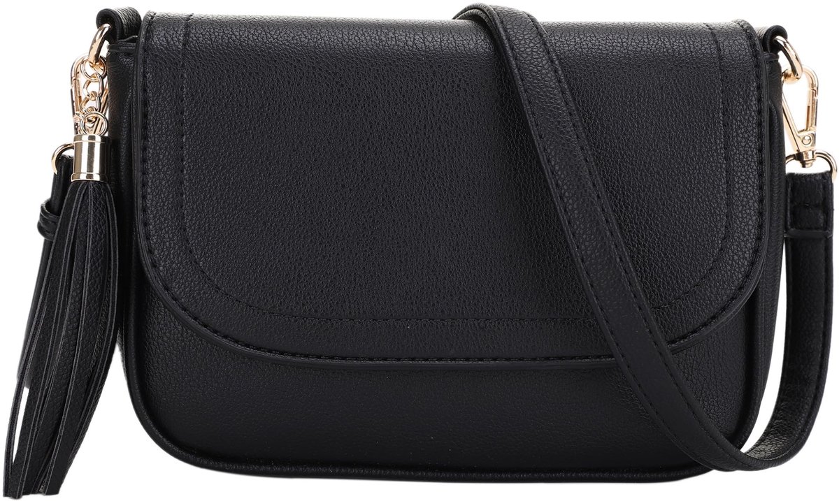 SnelShoppen - Kleine Crossbody Tas Voor Vrouwen - Trendy Flap Zadel Portemonnee Met Kwastje - Veganistisch Lederen Schoudertas - Zwart - Geschikt Voor
