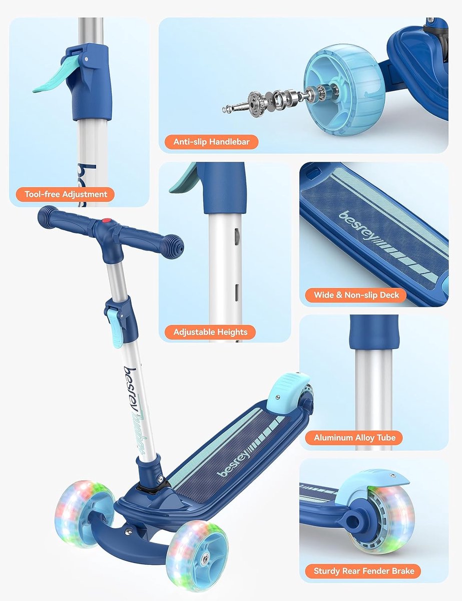 SnelShoppen - Besrey Kinderscooter met Grote Wielen, Opvouwbare Kick Scooter met Knipperende LED-verlichting, Hoogte Verstelbaar in 4 Niveaus, 3 Wiel