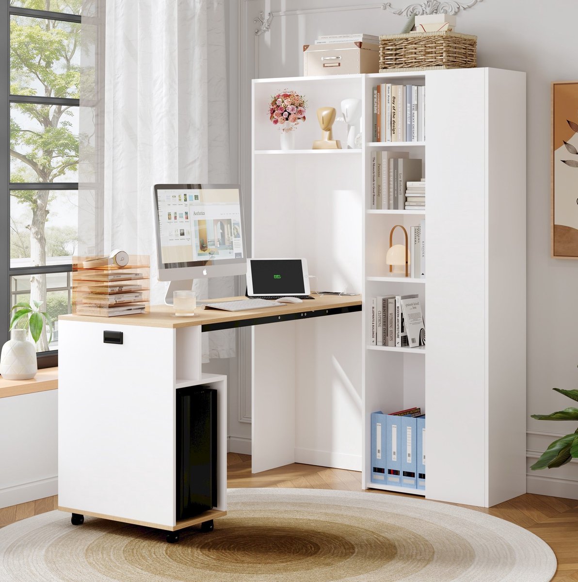 MODENUIT Bureau - Klapbaar 2-in-1 Met Boekenkast En Stopcontact - Voor Homeoffice - MDF - 104,5x30,5x160 cm
