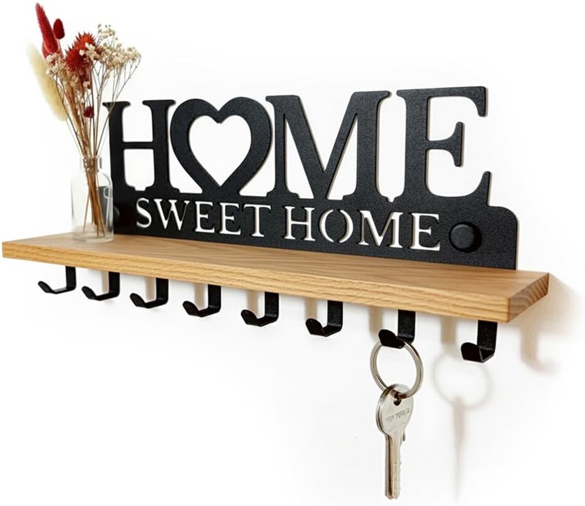 SnelShoppen - Sleutelrek Eikenhouten Plank met 8 Haken, Wand Sleutelhouder voor Hal en Keuken, Home Sweet Home Decoratie, Functioneel en Stijlvol