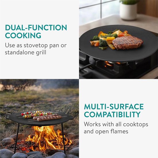 Gietijzeren grillplaat - Bakplaat BBQ - Buiten koken - Afneembare poten - 34 cm diameter - Zwart — afbeelding 2