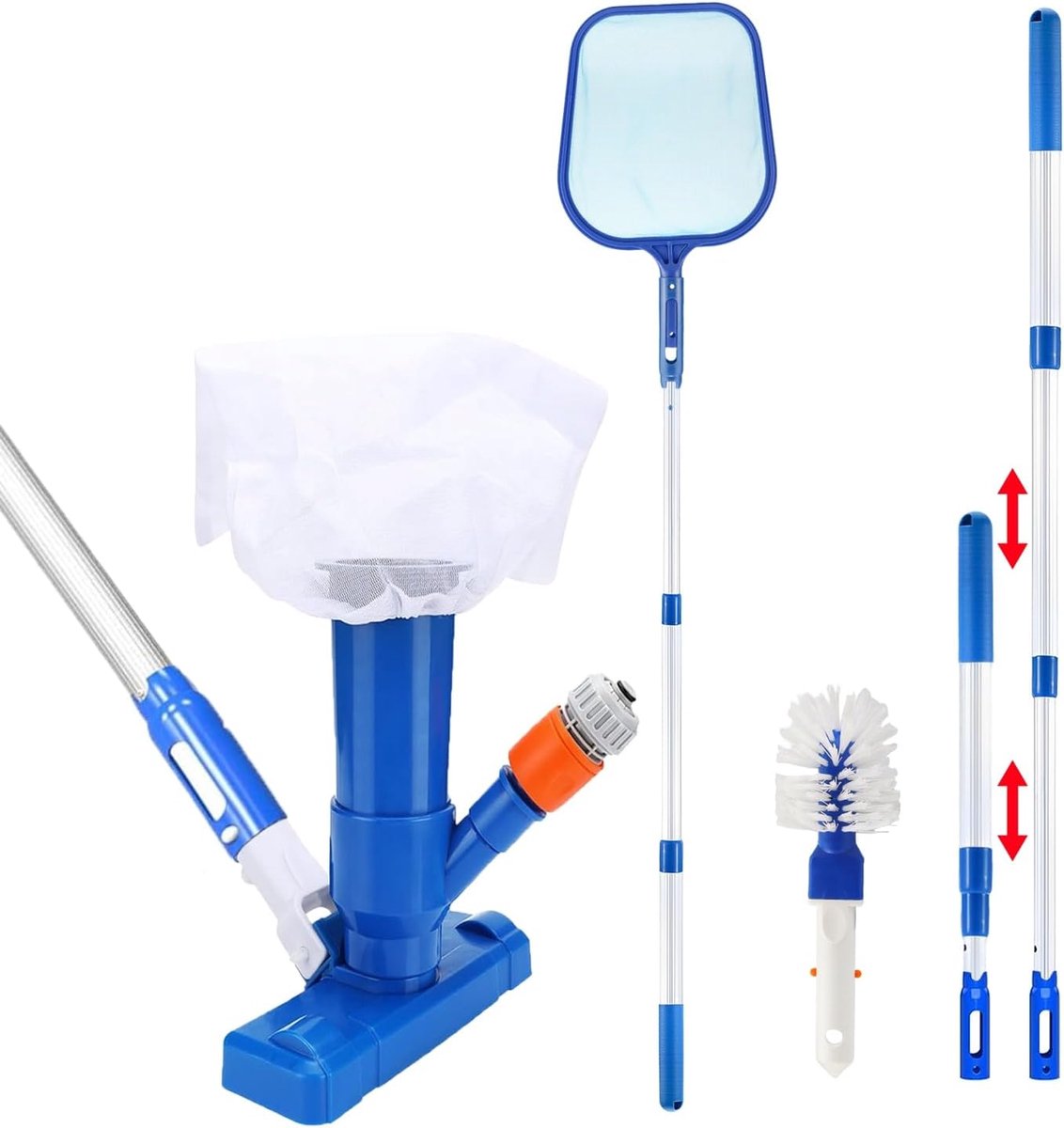 SnelShoppen - Pool Vacuum Cleaner - Draagbare Jet Poolstofzuiger met Verstelbare Telescopische Steel (112cm), Borstel, Sponsborstel en Skimmernet voor